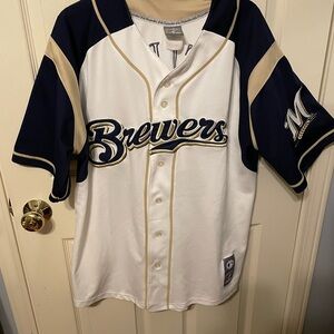 Majestic Brewers Fielder 28 Baseball Jersey - White and Navy